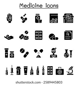 Set of medical drug related vector line icons. contains such Icons as, pill, tablet, syringe, pharmacy, drugstore, capsule, prescription, pharmacist and more.