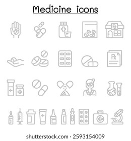 Set of medical drug related vector line icon. contains such icon as, pill, tablet, syringe, pharmacy, drugstore, capsule, prescription, pharmacist and more.