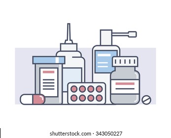 Set Medical Drugs. Medicine And Health, Pill And Aid, Pack Or Packaging Tablet, Drugstore Line Vector Illustration