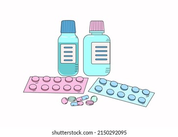 Conjunto de medicamentos. Comprimidos, vitaminas, medicamentos. Ilustración vectorial, fondo aislado.