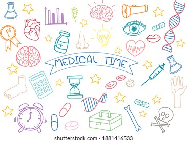 Conjunto de elementos médicos doodle aislados en la ilustración de fondo blanco