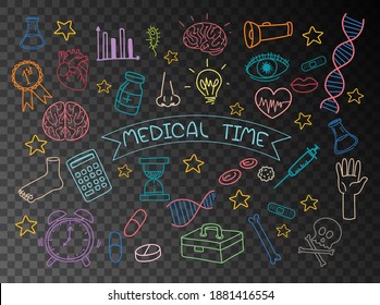 Set of medical element doodle isolated on transparent background illustration