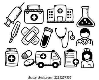 Set of medical elements with hand-drawn style isolated on white background. Medical doodle collection