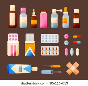 Set of medical elements and medicines: tablets, syrups, drops, ointments, equipment. Health system and medical care. Tools for medical research, treatment, patients. Vector illustration isolated