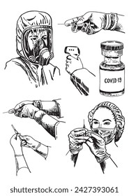 Set of medical elements, a nurse in mask and a hand holding syringe, health care elements. Covid-19 pandemic. Vector illustration	