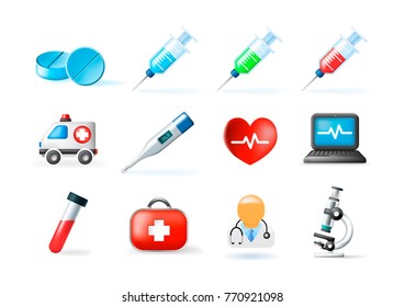 Conjunto de Elementos médicos sobre fondo blanco . Ilustración vectorial aislada 
