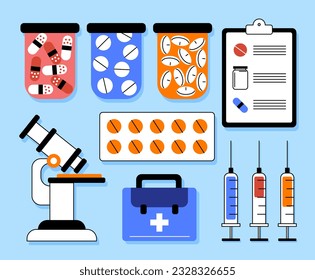 Set of medical elements. Syringes, microphone and pills. Health care, drugs and medicines. Patient shape for treatment. Cartoon flat vector collection isolated on blue background