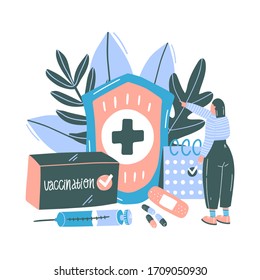 Set of medical elements for vaccination. llustration for web landing page, banner, presentation, social media, background, flyer, poster.