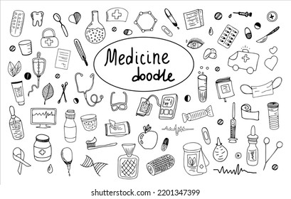 Set of medical elements.Hand-drawn vector illustrations. Black and white icons, doodles, sketches, templates isolated on white. Medicine, treatment, ambulance, vaccine, polyclinic, hospital.