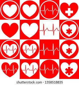 Set of medical emblems with the image of the heart, cardiogram, medical cross, star of life. Vector illustration
