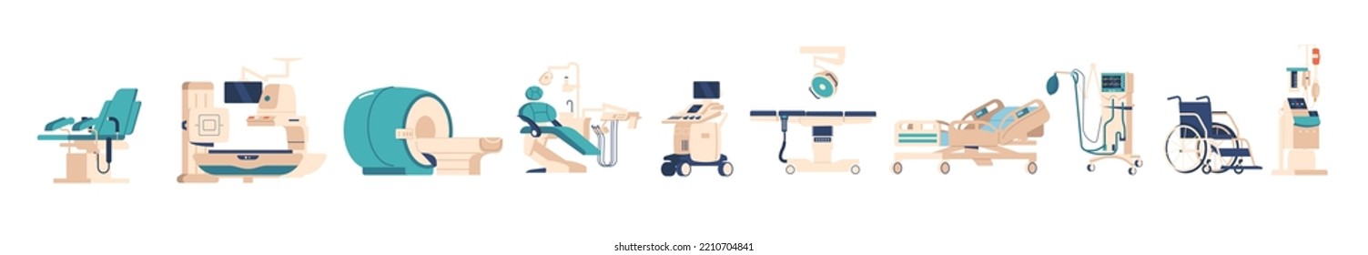 Set of Medical Equipment Artificial Respiration Apparatus, Dentist and Surgery Couch, Wheelchair, MRI Clinic and Hospital Technics for Health Monitoring and Exam. Cartoon Vector Illustration