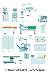 Set of medical equipment in flat style. Modern furniture, equipment and tools for diagnostic, treatment and surgery. Vector illustration isolated on white background.