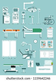 Set of medical equipment in flat style. Modern furniture, equipment and tools for diagnostic, treatment and surgery. Vector illustration isolated on blue background.