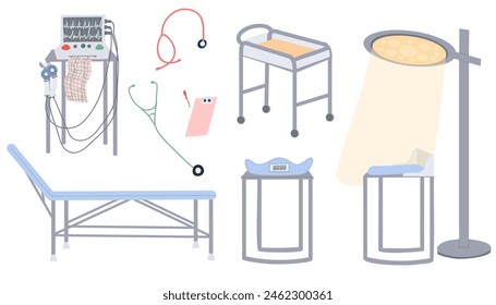 Set of Medical Equipment in the maternity hospital. Couch, baby scale, fetal monitor,  stethoscope, bilirubin lamp. Hospital technics for health monitoring and exam. Cartoon Vector Illustration.