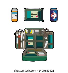 set of medical equipment pubg game vector illustration isolated on white background. Medkit, painkillers, bandages