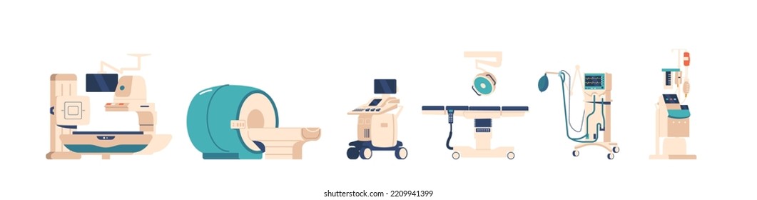 Set of Medical Equipment and Smart Devices for Healthcare Procedures. Artificial Respiration Apparatus, Surgery Couch, MRI Clinic and Hospital Technics for Health Exam. Cartoon Vector Illustration