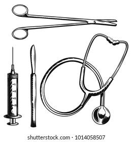 Set of medical equipment (stethoscope, scissors, syringe, scalpel) for creating your own badges, logos, labels, posters etc. Isolated on white.