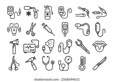 Set of Medical Equipment and Supplies Icons Line Art Vector Illustration