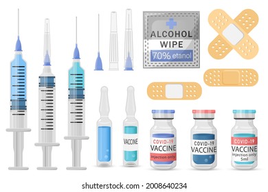 Set of medical equipment.Health care,immunity support, coronavirus protection.Disposable medical syringes,ampoules with vaccine,adhesive plaster,disinfecting alcohol wipes.Vector flat illustration