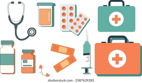 A set of medical essentials including first aid kit stethoscope syringe medicine bottles capsules and bandages for healthcare use