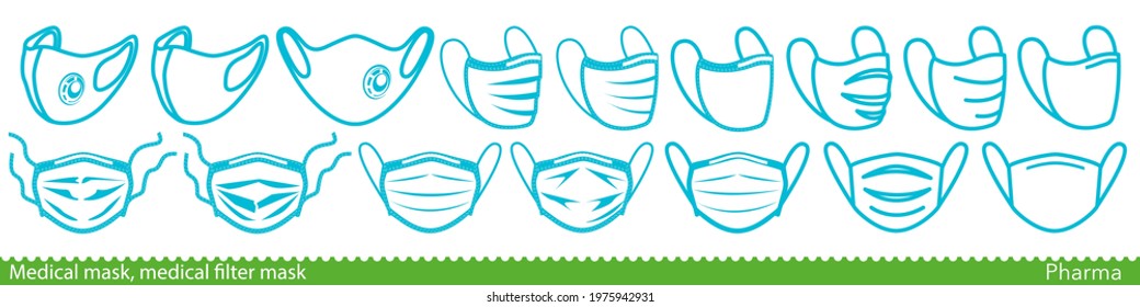 Set of medical face mask line icons. Various surgical and FFP masks and respirators. Vector Illustration