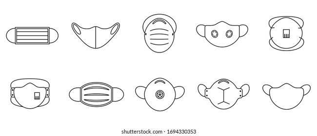 A set of medical face masks. Various protective masks against viruses, dust and respiratory diseases.Protection from coronavirus.Vector illustration, thin line.