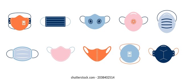 A set of medical face masks. Various protective respirators against viruses, dust and respiratory diseases.Protection from coronavirus. Color vector illustration in a flat cartoon style.