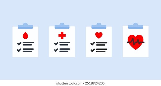 Set of medical file report icon. Clipboard document icon. Healthcare, consultation, health check, clinical record, treatment concept. Flat vector design isolated illustration.