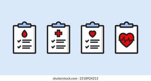 Set of medical file report icon. Clipboard document icon. Healthcare, consultation, health check, clinical record, treatment concept. Colored outline vector design isolated illustration.