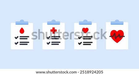 Set of medical file report icon. Clipboard document icon. Healthcare, consultation, health check, clinical record, treatment concept. Flat vector design isolated illustration.