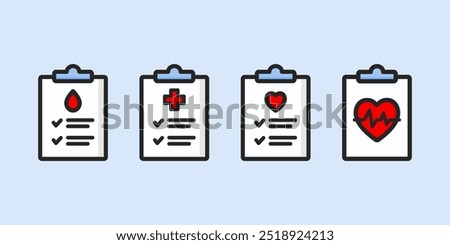 Set of medical file report icon. Clipboard document icon. Healthcare, consultation, health check, clinical record, treatment concept. Colored outline vector design isolated illustration.