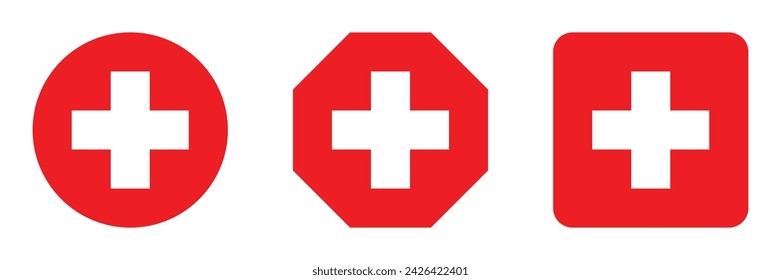Set médico de primeros auxilios de color plano diferentes formas signo, símbolo de la medicina, iconos del hospital blanco. Cruz de emergencia, colección blanca roja más diseño de logotipo para móvil web aislado en el fondo