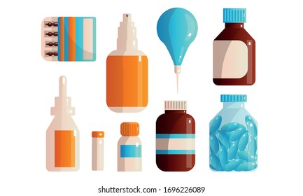 Conjunto de medicamentos para el kit de primeros auxilios que contienen diversas píldoras, pociones, gotas, ampollas. Ilustración vectorial en un estilo plano de caricatura.