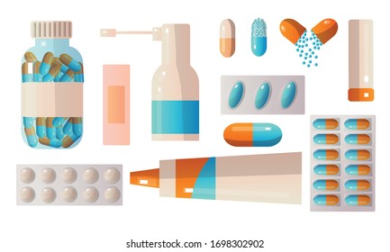 Conjunto de medicamentos para el kit de primeros auxilios que contienen diversas píldoras, pociones, gotas, ampollas. Ilustración vectorial en un estilo plano de caricatura.