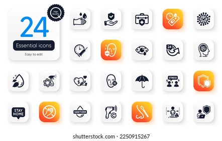 Set of Medical flat icons. Umbrella, Nasal test and Problem skin elements for web application. Electronic thermometer, Stay home, Dont touch icons. Covid test, Social distance. Vector