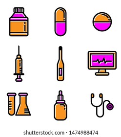 Set of medical flat  line icon.Such as pill,capsule,syring