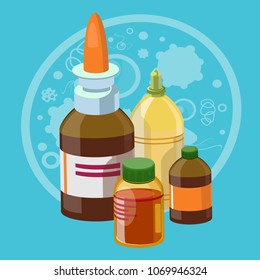 Set medical glass medications. Nasal spray, aspirin, iodine, alcohol, butter, boric acid, any other medicine. Disease.Modern vector flat designe image isolated on blue background. Can be used as logo