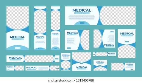 Set of Medical Health Banners of standard size with a place for photos. Vertical, horizontal and square template. vector illustration EPS 10