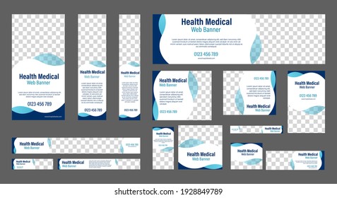 Conjunto de Banners de Salud Médica de tamaño estándar con un lugar para las fotos. Plantilla vertical, horizontal y cuadrada. ilustración vectorial EPS 10