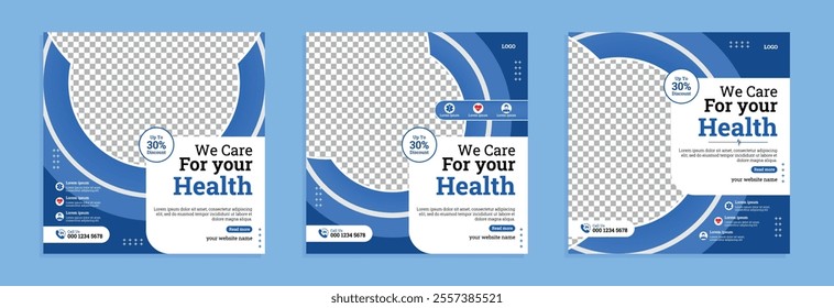 Set of Medical and Health Care social media post template design. Medical social media poster editable banner template design.