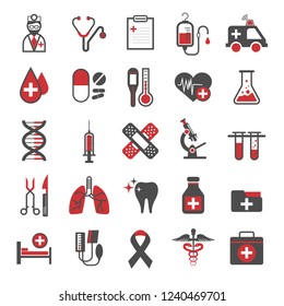 Set of Medical and Health icons. Icon of pills vial, doctor bag, ambulance star, heart pulse, cross, thermometer, dna, magnifier, syringe, scissors, patch, blister, mortar.Vector illustration