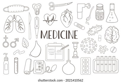 Set of medical and healthcare doodles. Vector illustration