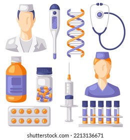 Set of medical and healthcare items. Equipment for pharmacies and hospitals.