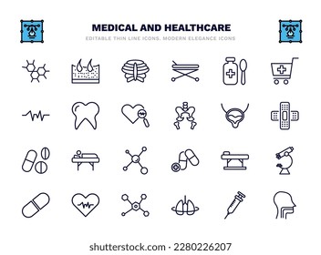 set of medical and healthcare thin line icons. medical and healthcare outline icons such as three hexagons cell, sternum, syrup medicine bottle, molar tooth, bladder, illness on bed, table of