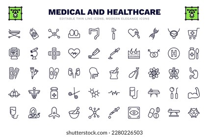 set of medical and healthcare thin line icons. medical and healthcare outline icons such as hospital bed side view, molecular structure, medical heart scan, heart rate monitor, plastering, phary