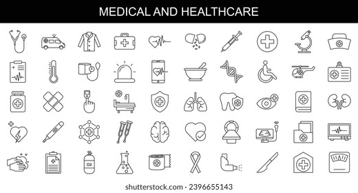 Set of Medical and Healthcare web icons in line style. Medicine, check up, doctor, dentistry, pharmacy, lab, scientific discovery, collection. Vector illustration.