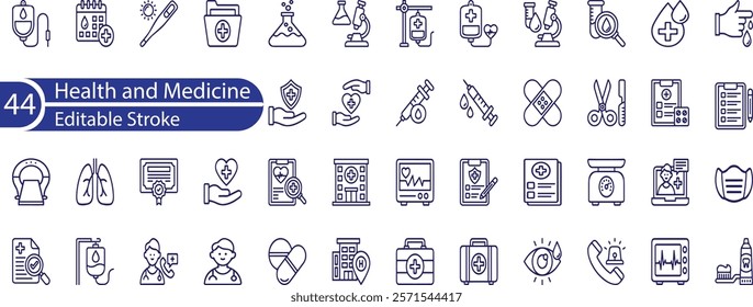 Set of Medical and Healthcare web icons in line style. Medicine, check up, doctor, dentistry, pharmacy, lab, scientific discovery, collection. Vector illustration