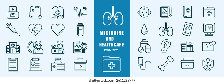 Set of  Medical and Healthcare web icons in line style. Medicine, check up, doctor, dentistry, pharmacy, lab, scientific discovery, collection. Vector illustration.