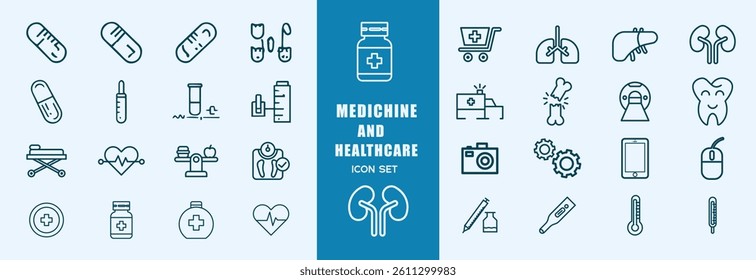 Set of  Medical and Healthcare web icons in line style. Medicine, check up, doctor, dentistry, pharmacy, lab, scientific discovery, collection. Vector illustration.