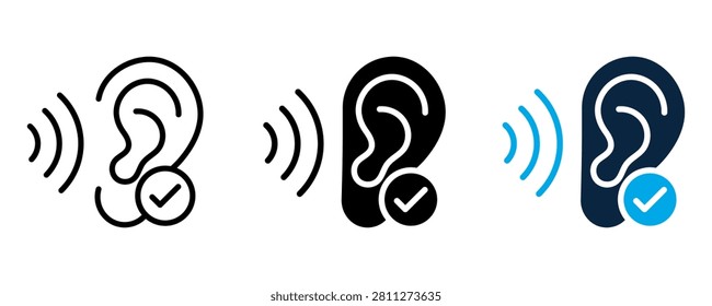 Set of medical hearing test icons displaying ear anatomy sound wave symbols and verification markers in three styles.